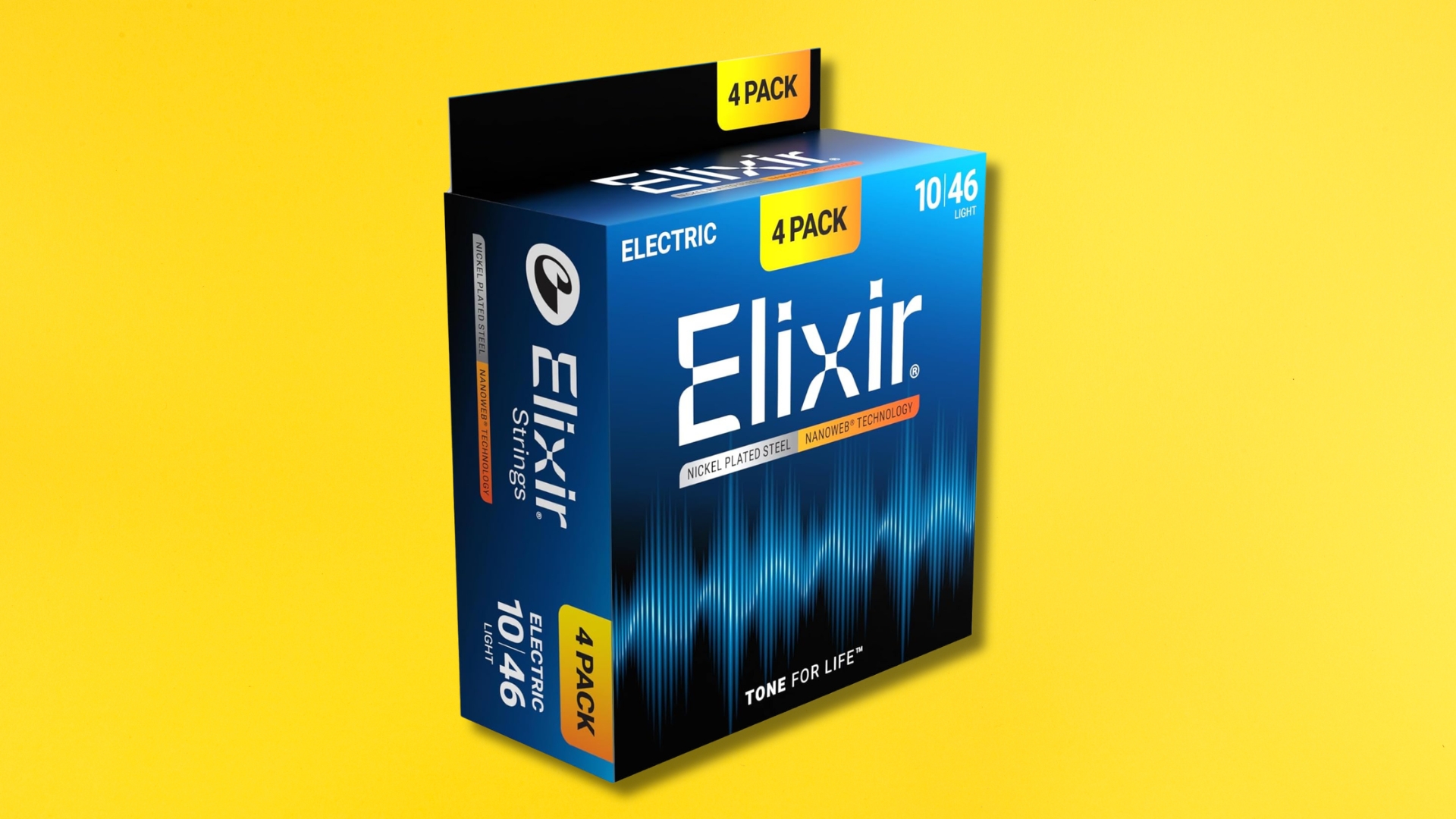 A pack of Elixir Nanoweb Electric Guitar Strings on a yellow background