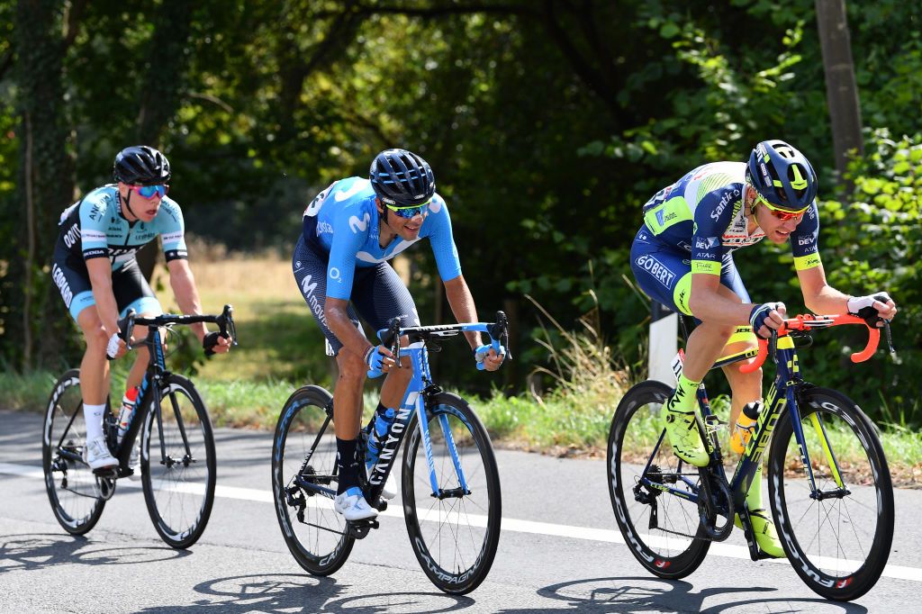 Kevin van Melsen (Wanty-Groupe Gobert), Jorge Arcas (Movistar) and Jens Reynders (Leopard) in the breakaway