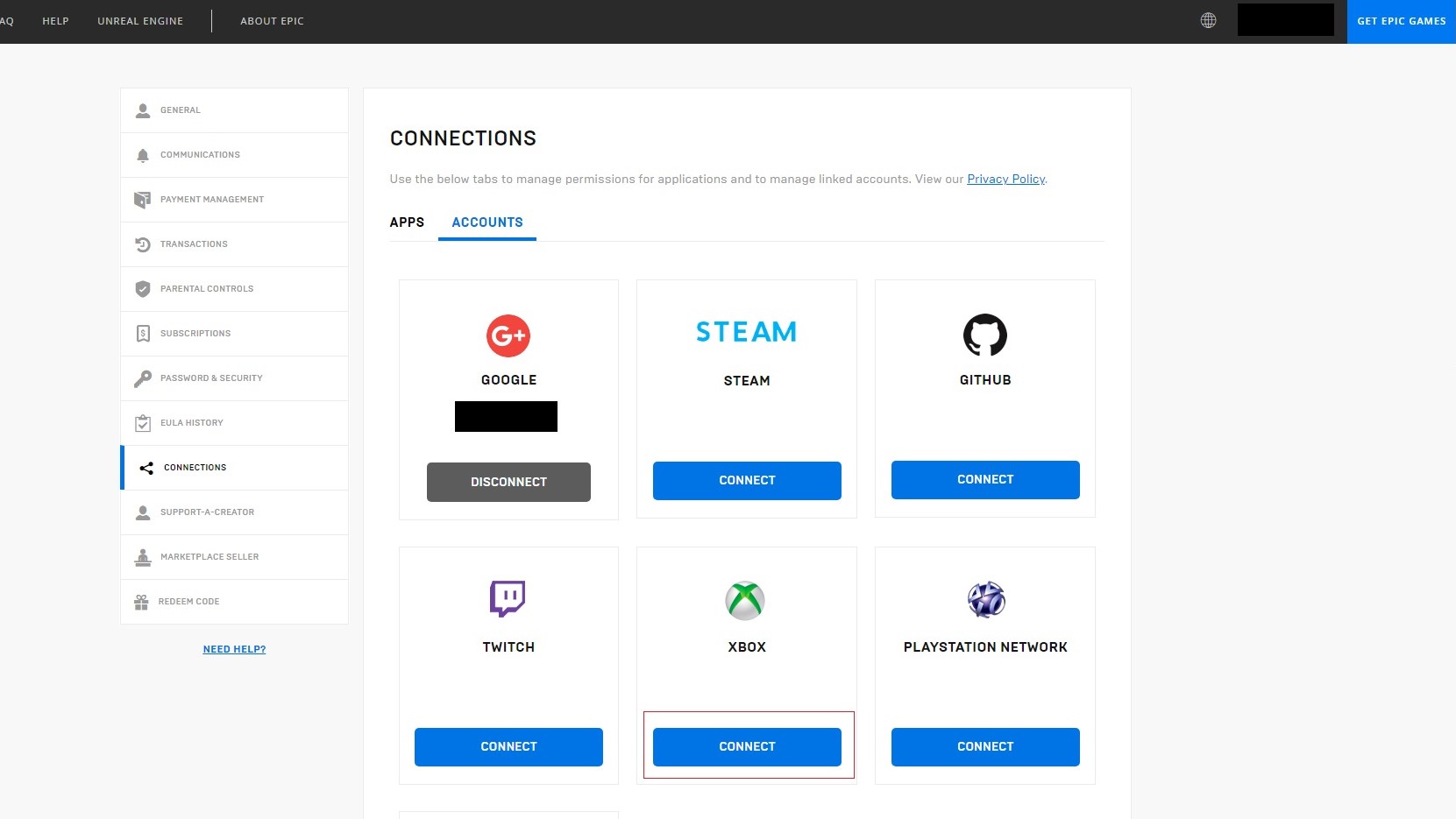 Epic Games connect accounts page