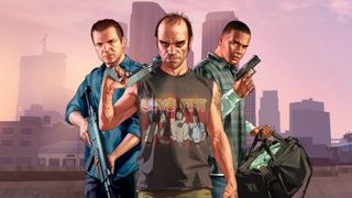 The three protagonists of Grand Theft Auto 5 in a row with weapons drawn