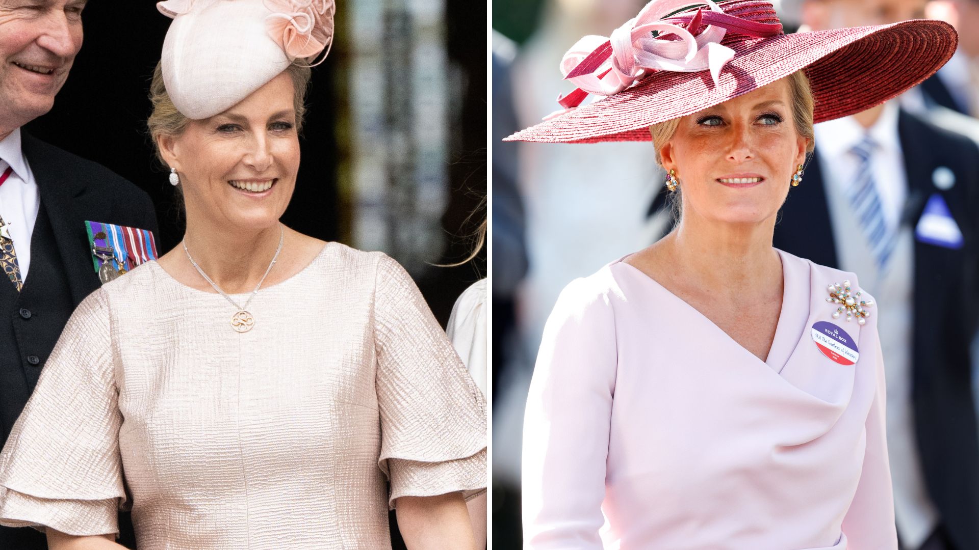 A composite of two pictures of Duchess Sophie wearing pastel pink, both from events in June 2022