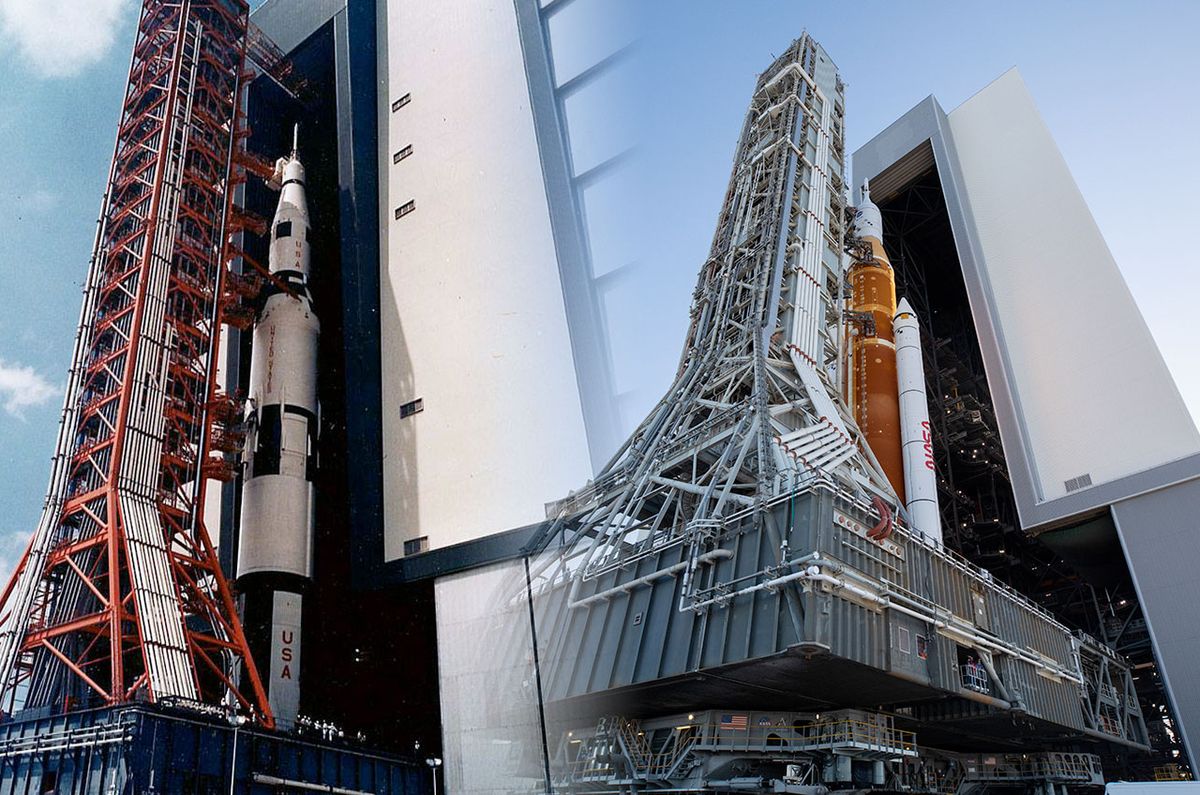 The first Apollo Saturn V, the 500-F facilities demonstrator, and NASA&#039;s first Space Launch System (SLS) rocket roll out from the Vehicle Assembly Building (VAB) at the Kennedy Space Center in Florida 56 years apart. Both moves were in preparation for propellant loading tests on their respective launchpads.