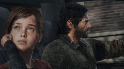 Ellie and Joel in a car in The Last of Us.