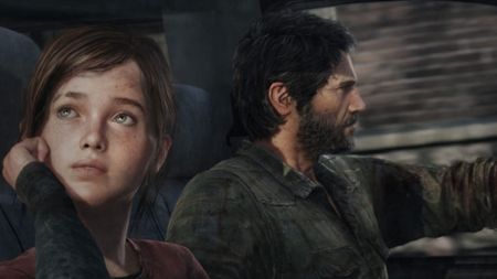 Ellie and Joel in a car in The Last of Us.