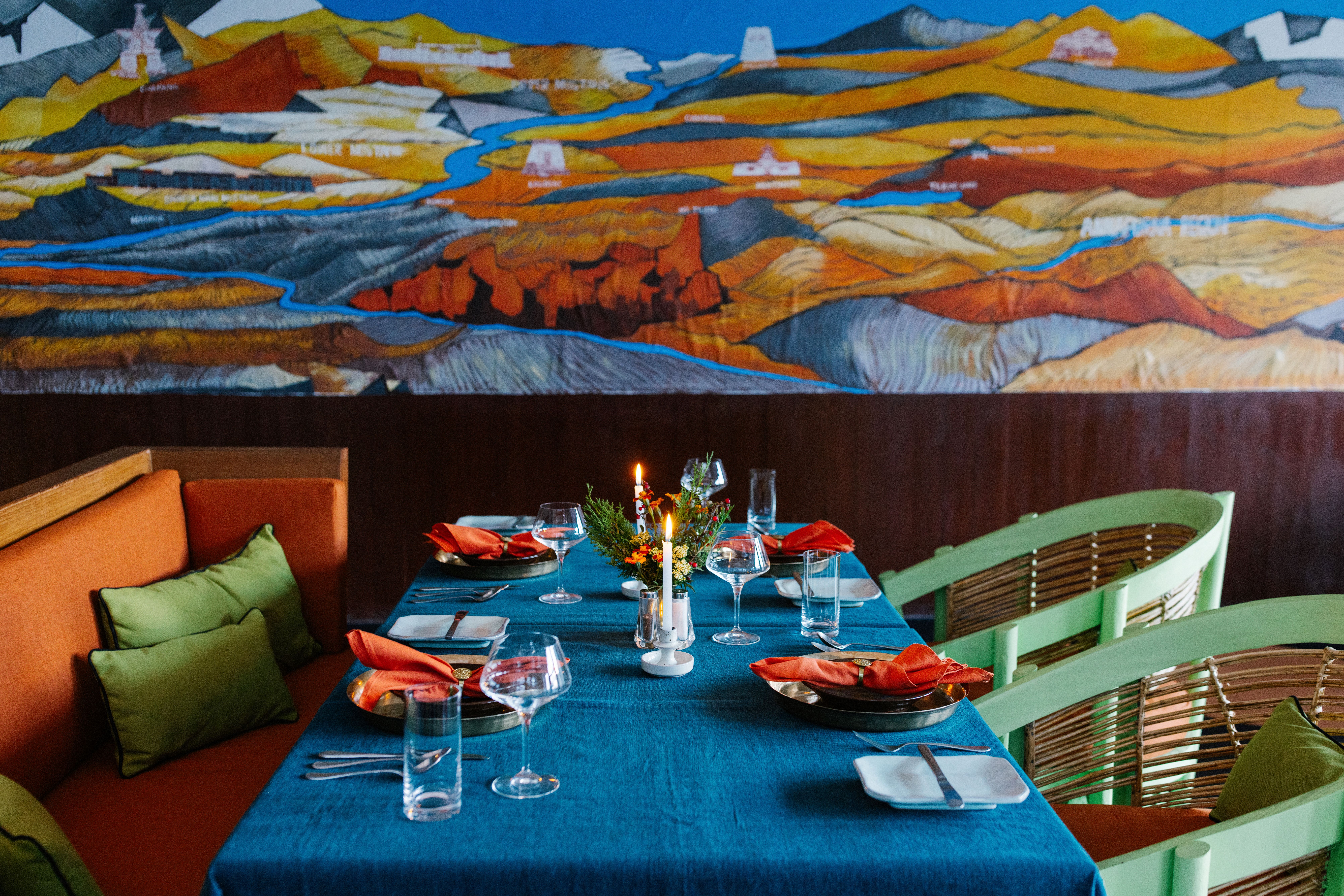 Nilgiri restaruant with colourful table and seating