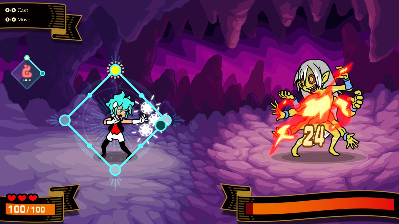 Casting a fire spell at a boss monster in Rhythm Heaven Groove