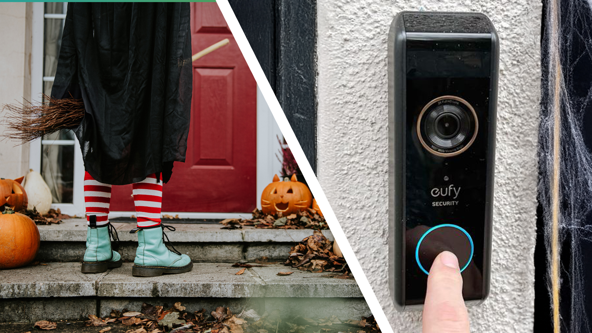 Girl dressed as witch outside front door, and close-up of finger pressing video doorbell beside door with cobwebs