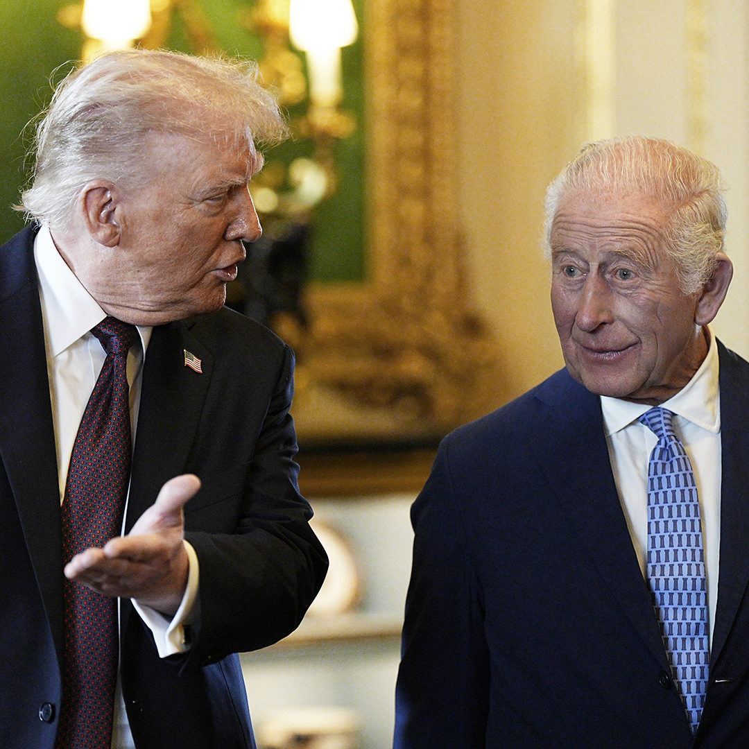 WINDSOR, ENGLAND - SEPTEMBER 17: US President Donald Trump (L) and King Charles III view items on display during a visit to the Royal Collection exhibition, in the Green Drawing Room during the State visit by the President of the United States of America at Windsor Castle on September 17, 2025 in Windsor, England. (Photo by Aaron Chown - WPA Pool/Getty Images)