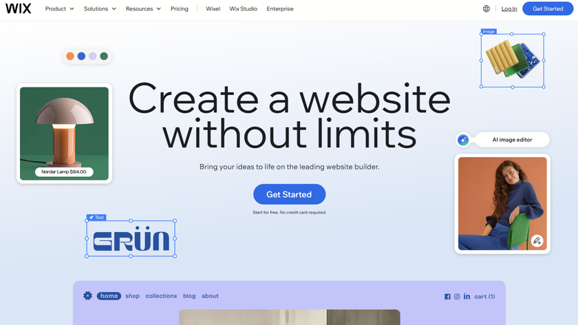 A website being designed using Wix. It reads, "Create a website without limits."