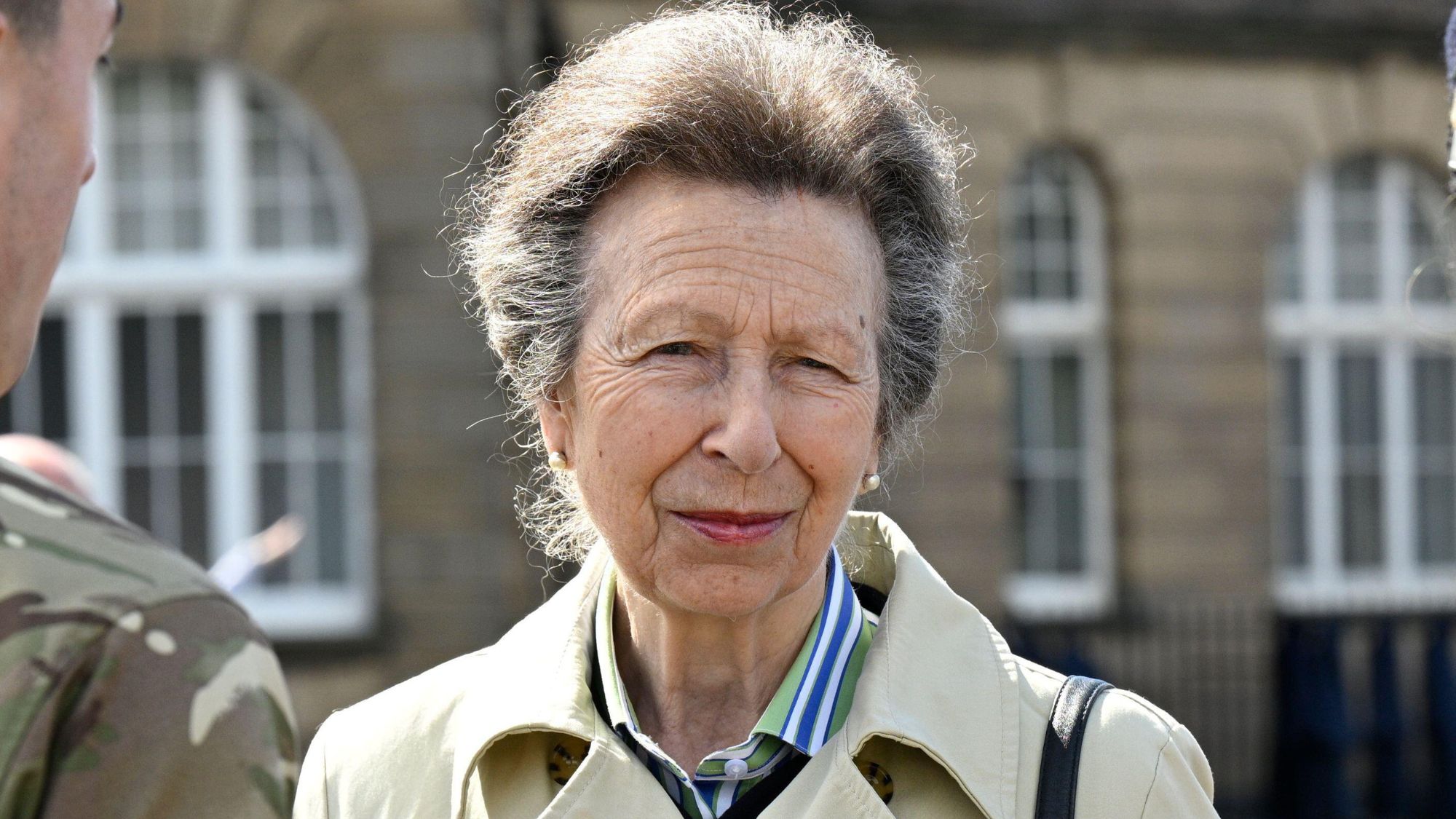 Anne, Princess Royal listens to members of the Royal Regiment of Scotland who will be performing at The Royal Edinburgh Military Tattoo (not pictured)