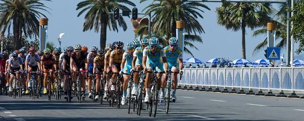 Astana on the front of the peloton around the streets of Sanya.