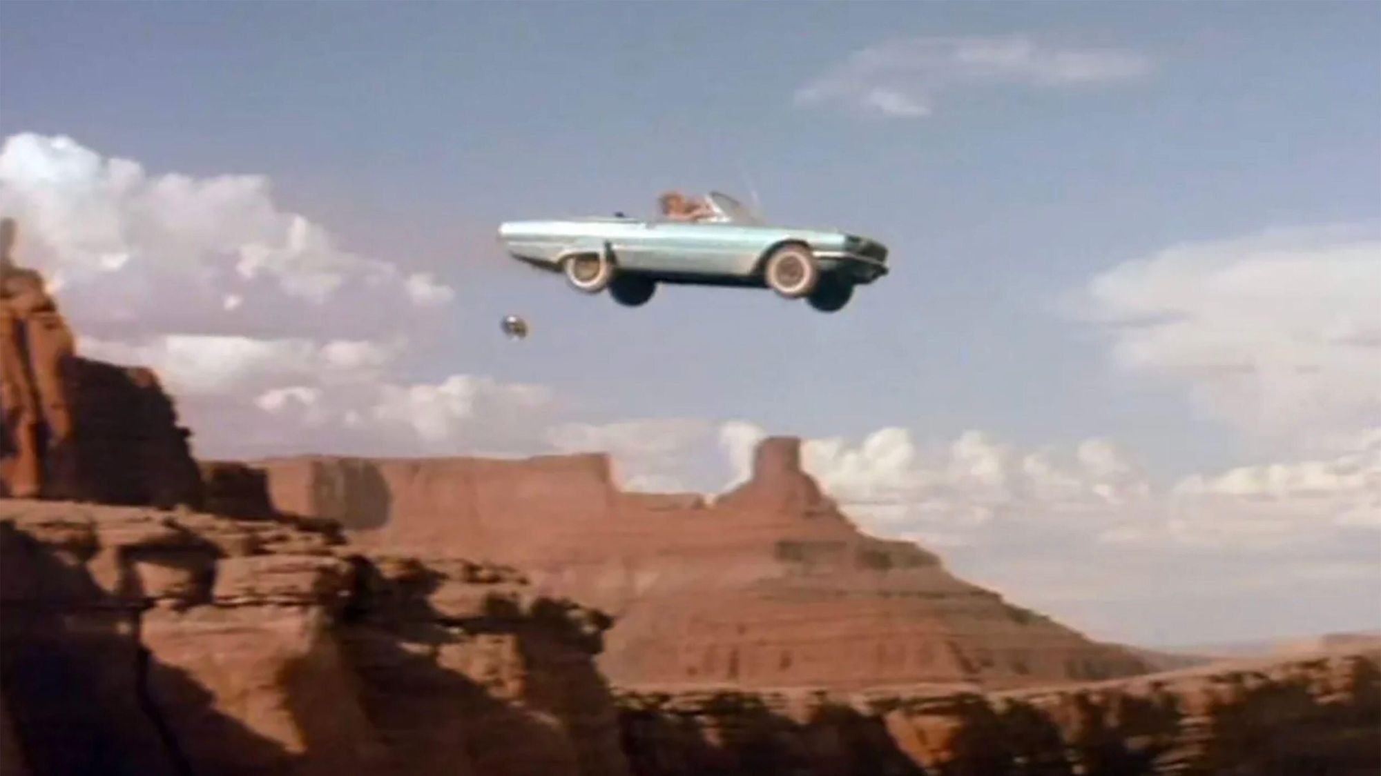 Car flying through the air over a cliff in Thelma & Louise