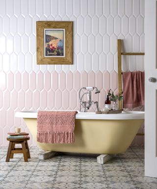 Bevelled petal pink and white tiles by Walls and Floors