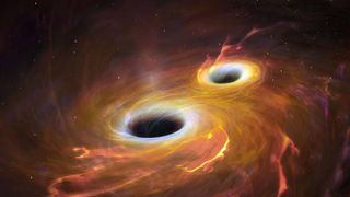 An artist's illustration of two black holes merging. 