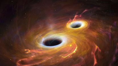 An artist's illustration of two black holes merging.