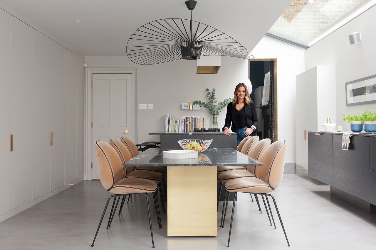 Kitchen-diner with matching marble-effect worktop and dining table