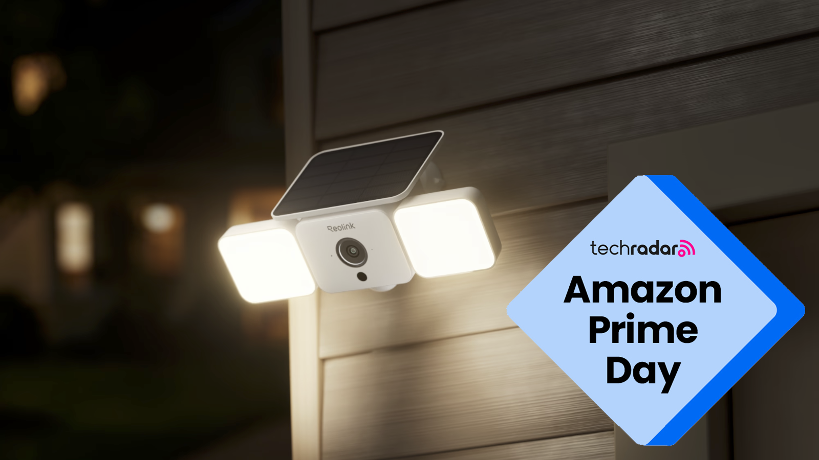 Reolink Solar Floodlight Cam in use at a home with a Prime Day badge