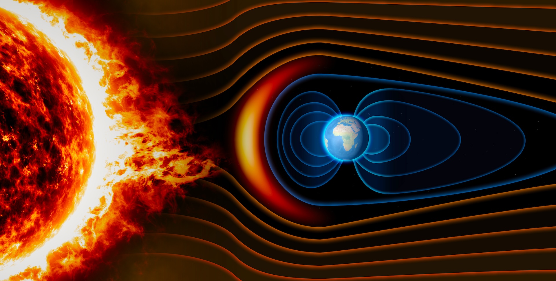 An illustration of the fiery sun and earth, with solar wind going around earth's magnetic field.