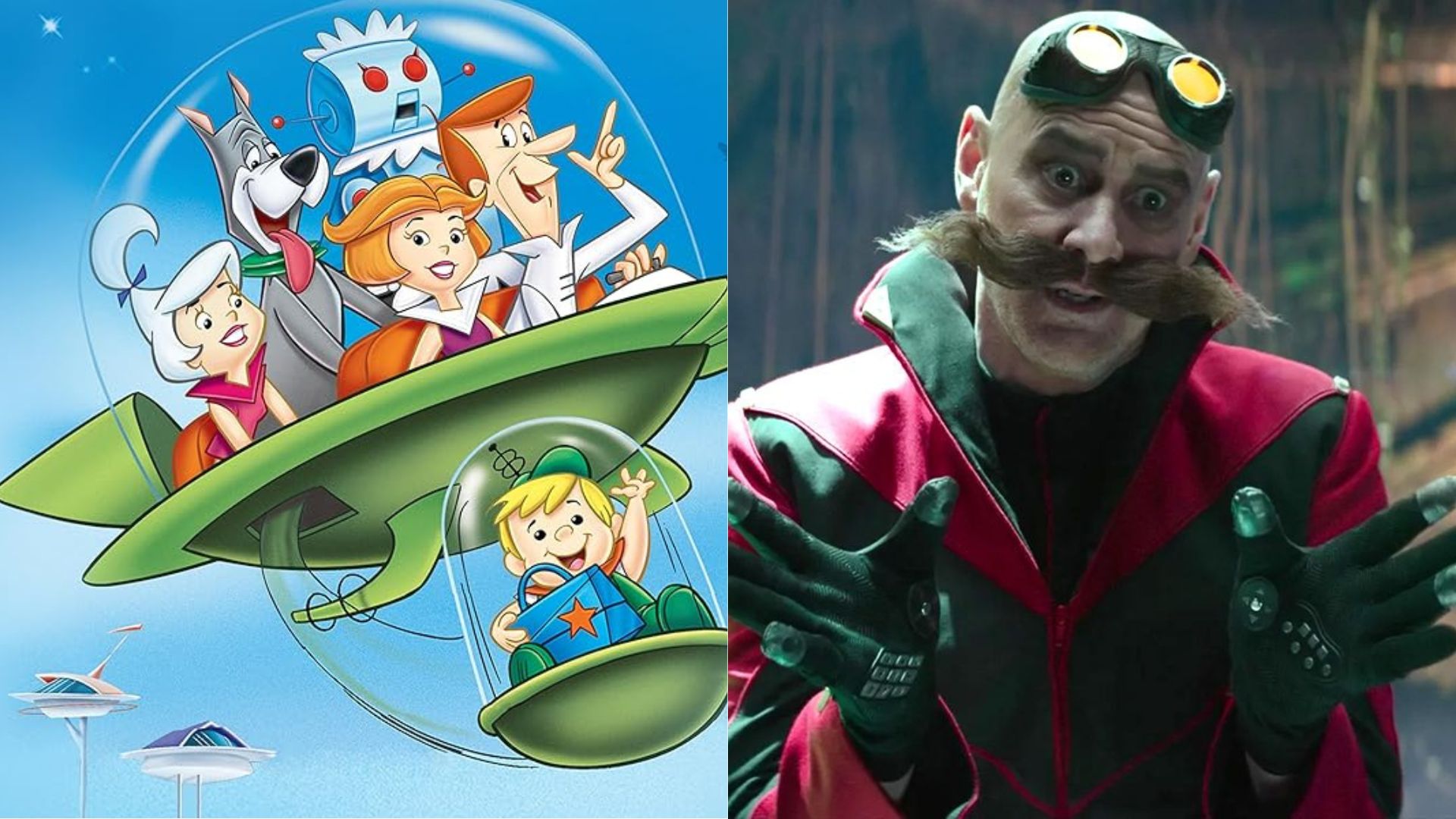A photo of the Jetsons sliced together with a picture of Jim Carrey from Sonic 3 