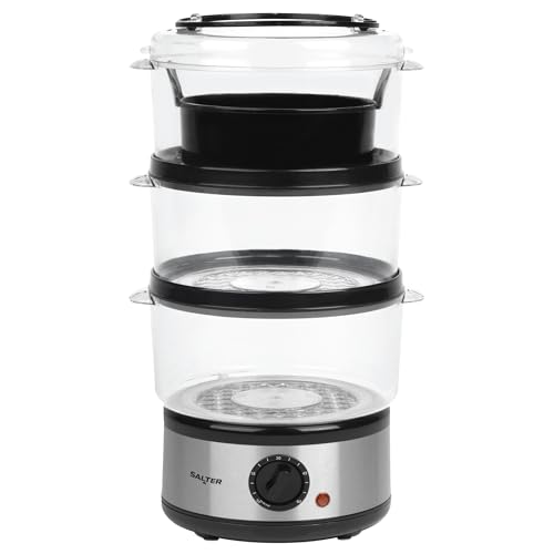 Salter 3 Tier Electric Food Steamer - 7.5l, Stackable Steaming Baskets, Dishwasher Safe, Bpa Free Includes Rice Bowl, 60 Minute Timer, Compact Storage, Healthy Cooking Vegetables &amp;amp; Fish, 500w
