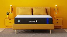 Nectar Memory Foam Mattress, which contains gel foam, on a yellow background