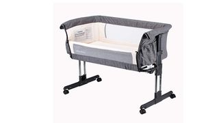 gray bedside crib