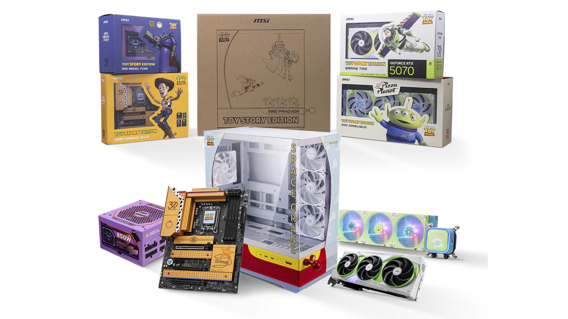 MSI's toy story gaming PC with buzz lightyear GPU and Woody Motherboard, on a white background