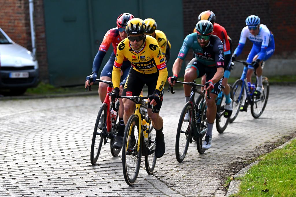 NINOVE BELGIUM FEBRUARY 25 Jan Tratnik of Slovenia and Team JumboVisma leads the breakaway during the 78th Omloop Het Nieuwsblad Elite 2023 Mens Elite a 2073km one day race from Ghent to Ninove OHN23 on February 25 2023 in Ninove Belgium Photo by Luc ClaessenGetty Images