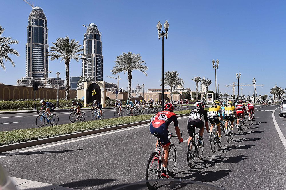 The peloton heads toward Doha City during stage 2 in Qatar