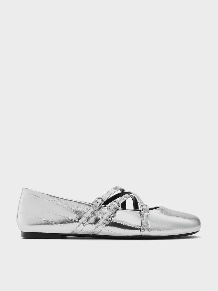 Charles & Keith, Metallic Triple-Strap Crossover Mary Jane Flats