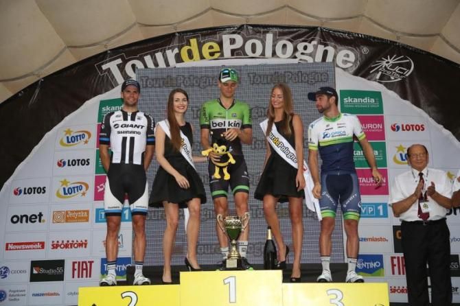 The stage 3 podium: Mezgec, Bos and Matthews
