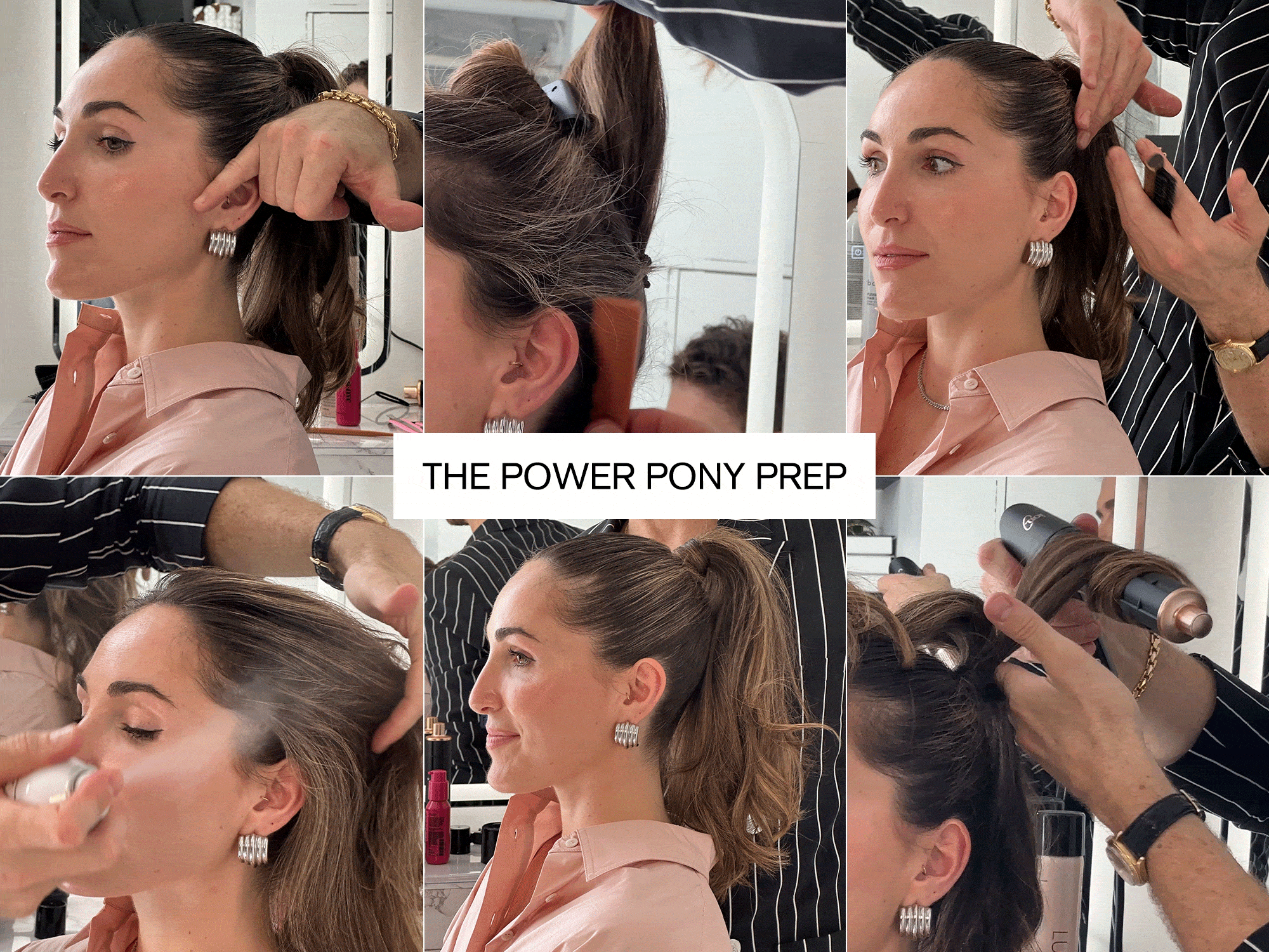 Editor Anna LaPlaca getting hair styled by celebrity hairstylist for fashion week