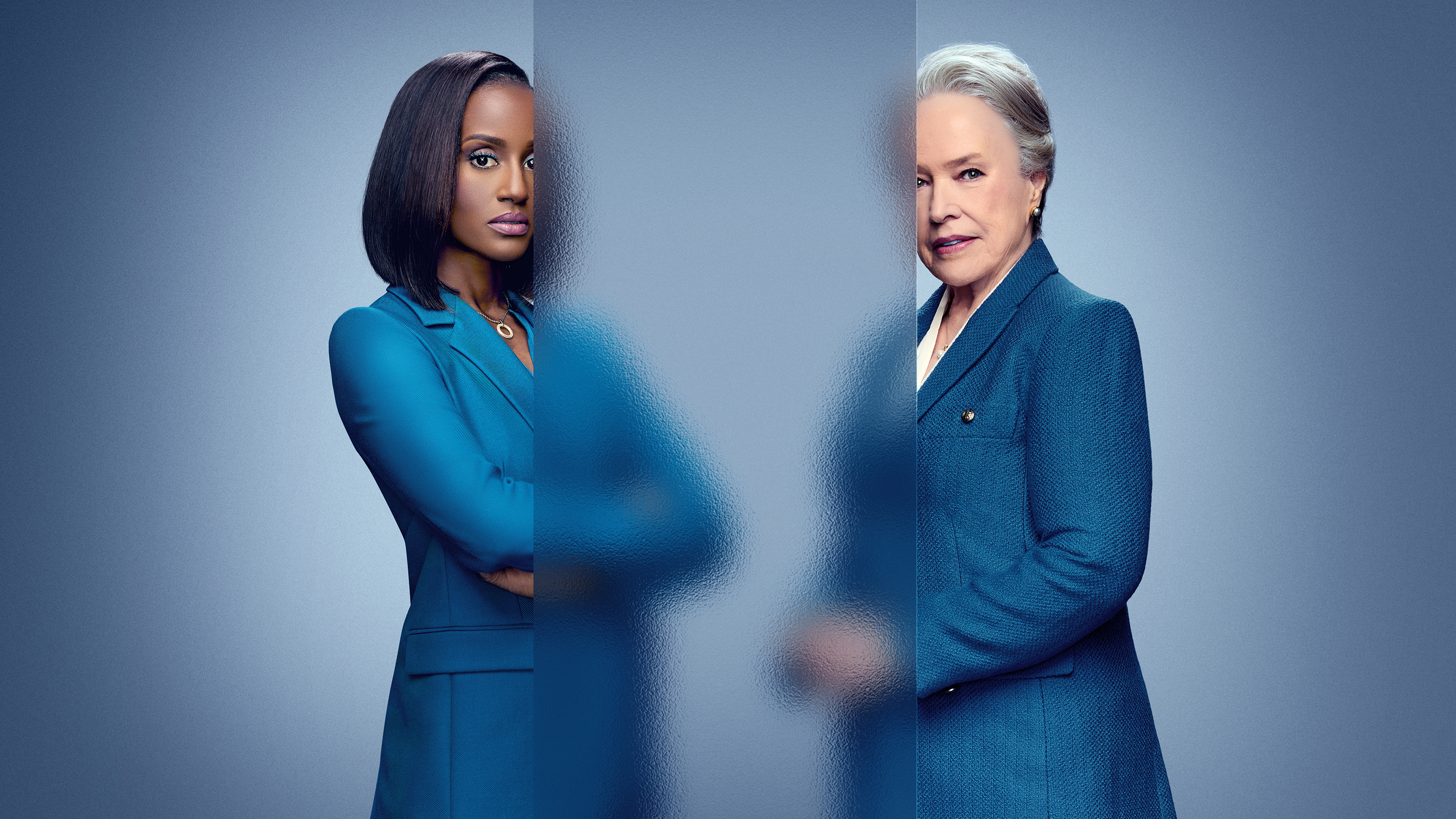 Skye P. Marshall as Olympia and Kathy Bates as Madeline Matlock in suit jackets.