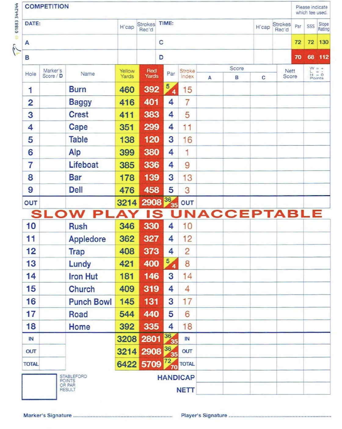 Royal North Devon Golf Club yellow and red tees scorecard
