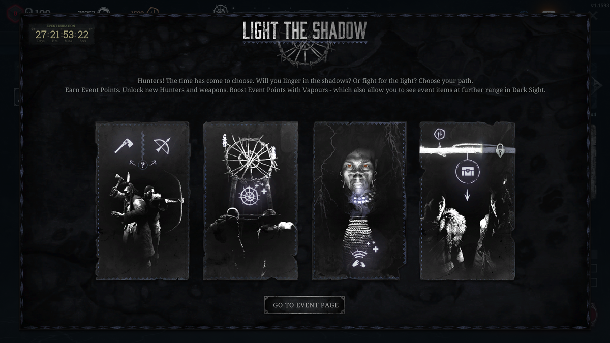 Hunt: Showdown screenshots showing the new menus for the Light the Shadow event with various rewards and paths