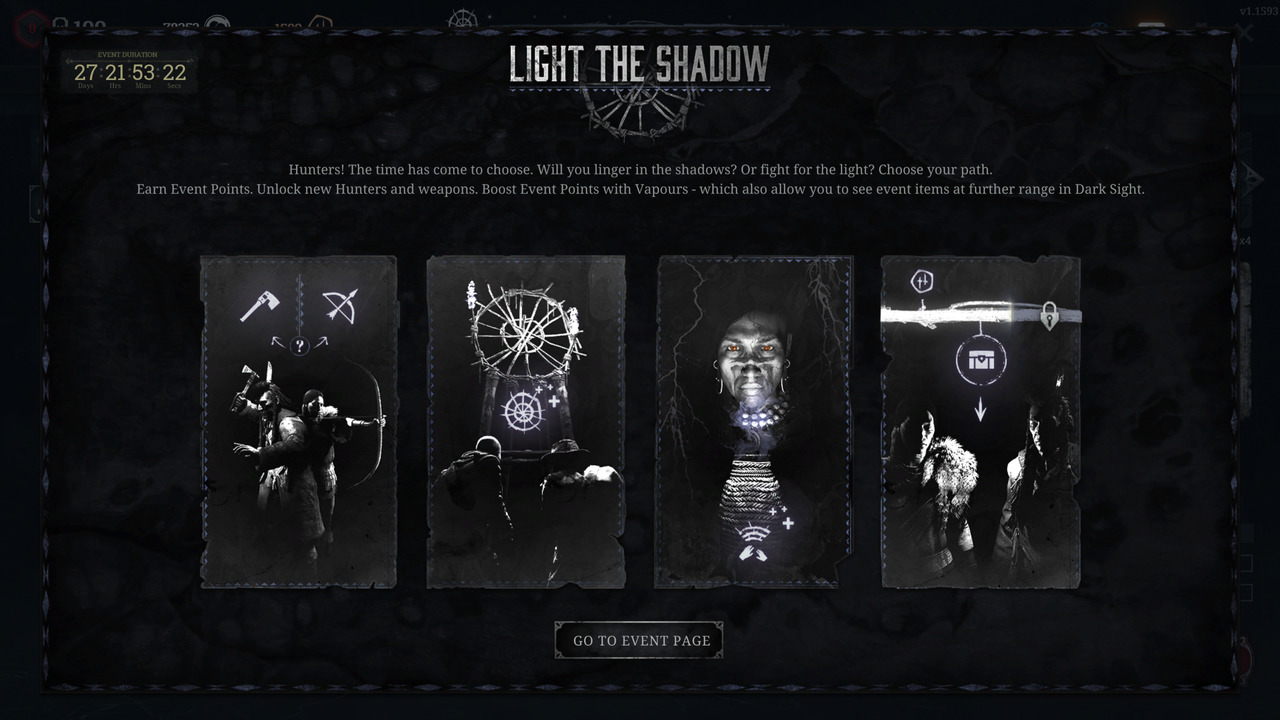 Hunt: Showdown screenshots showing the new menus for the Light the Shadow event with various rewards and paths
