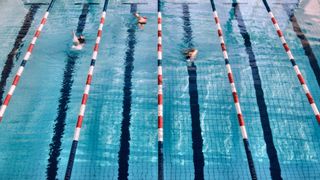 Birds-eye view of a swimming pool separated out by lanes