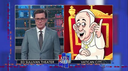 Stephen Colbert interviews Cartoon Pope Francis