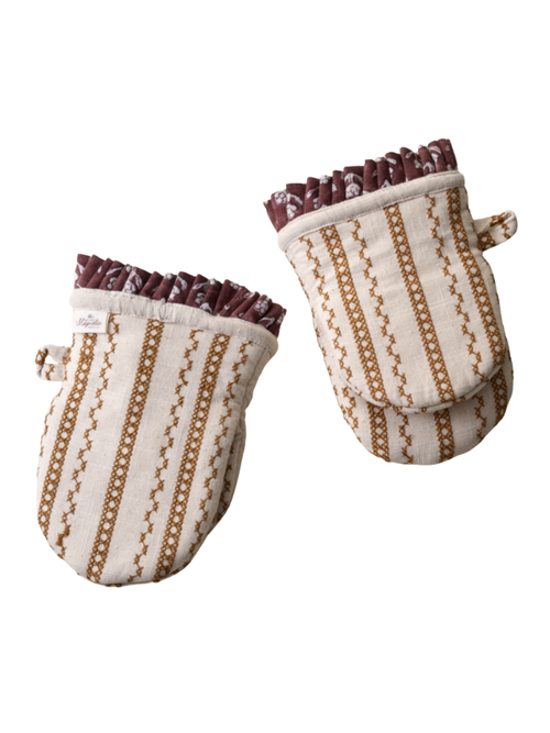 Natural Embroidered Stripe Oven Mitts, Set of 2