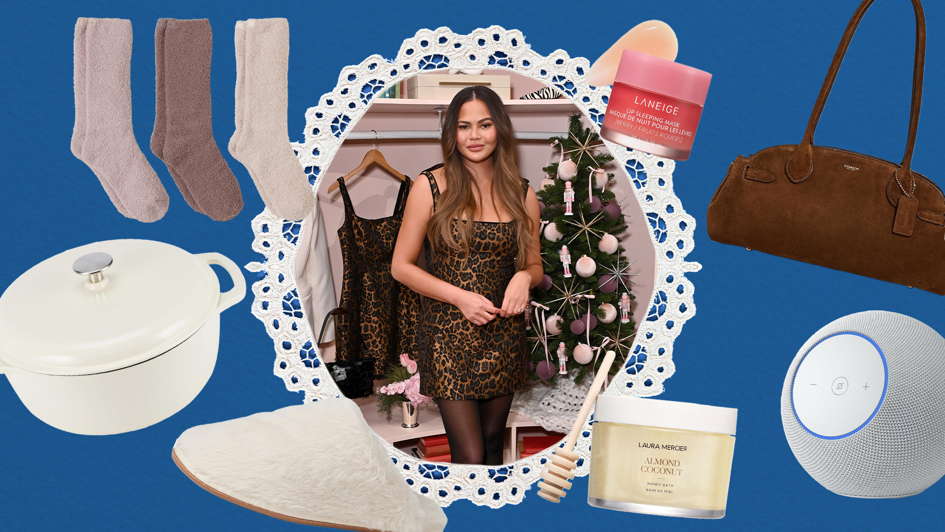 Chrissy Teigen in leopard print dress and various Amazon products