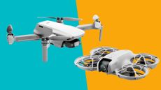 DJI Mini 4K and DJI Neo drones on plain colorful background