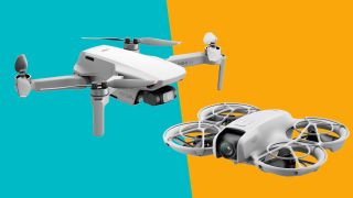 DJI Mini 4K y DJI Neo sobre un fondo en dos colores