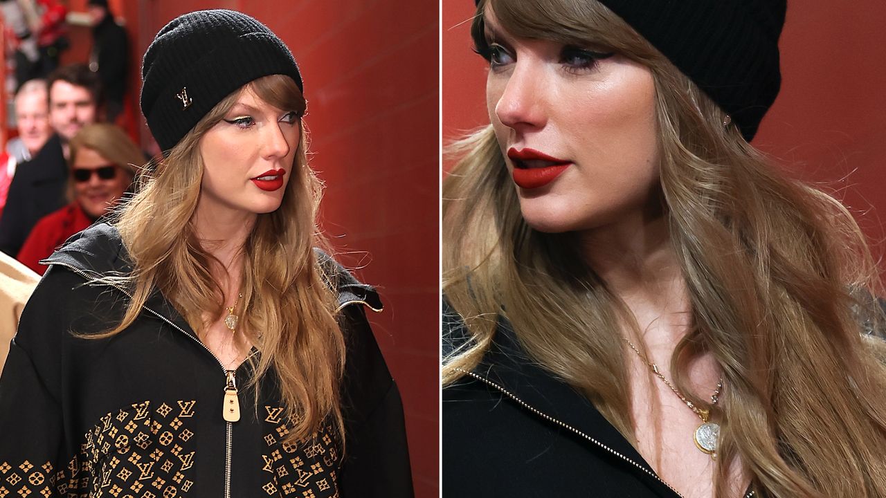 Taylor Swift wears a Louis Vuitton logo print jacket, black beanie, and a necklace possibly teasing Reputation Taylor&#039;s Version