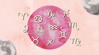 The zodiac signs and the pink full moon against pink background