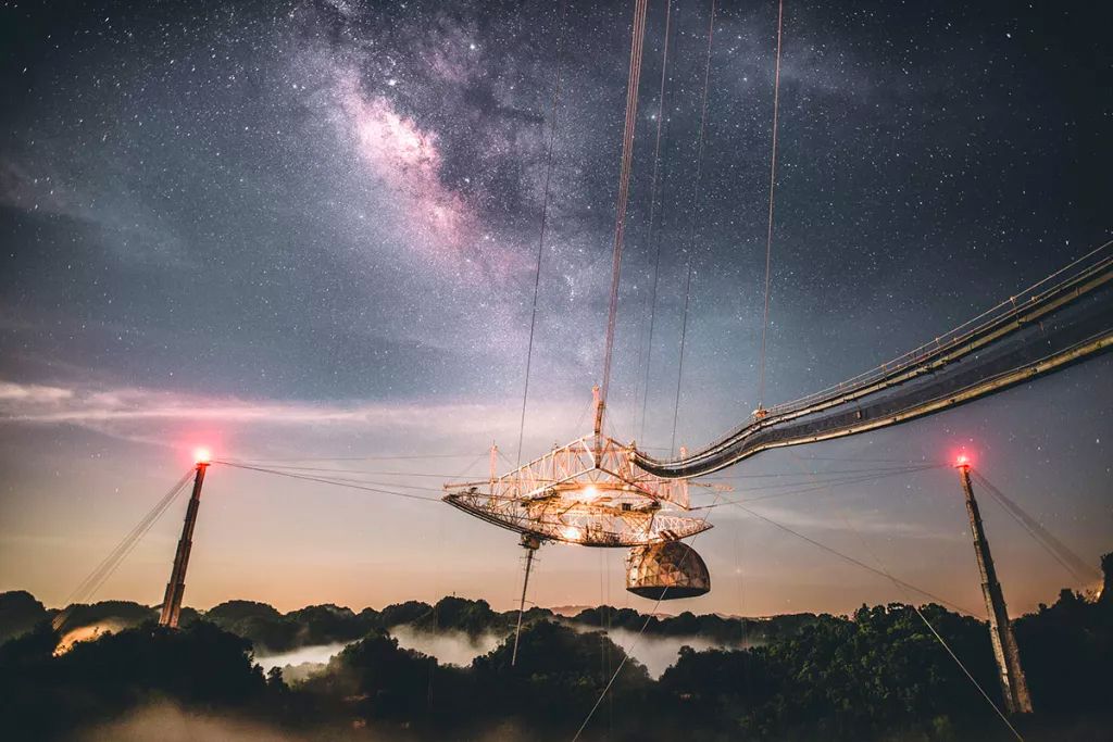 Arecibo Observatory&#039;s cable-suspended science platform, as seen before damage accrued in 2020.