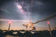 Arecibo Observatory's cable-suspended science platform, as seen before damage accrued in 2020.