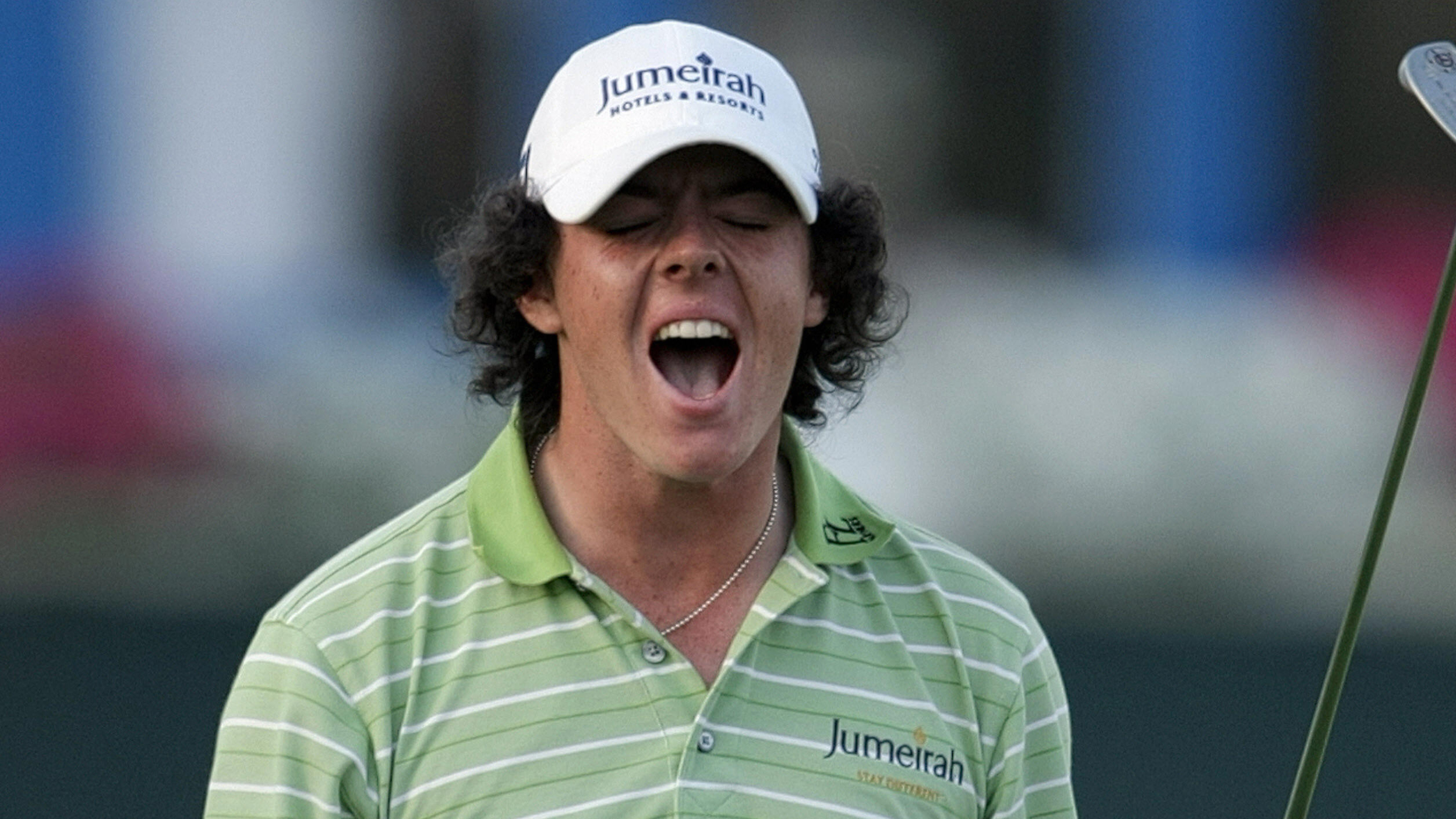Rory McIlroy reacts to winning the Dubai Desert Classic