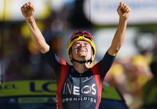 Ineos Grenadiers teams British rider Thomas Pidcock celebrates as he cycles past the finish line to win the 12th stage of the 109th edition of the Tour de France cycling race 1651 km between Briancon and LAlpedHuez in the French Alps on July 14 2022 Photo by Thomas SAMSON AFP Photo by THOMAS SAMSONAFP via Getty Images