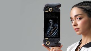 Fem presenting person holding ROG Xbox Ally X20 between fingers vertically.