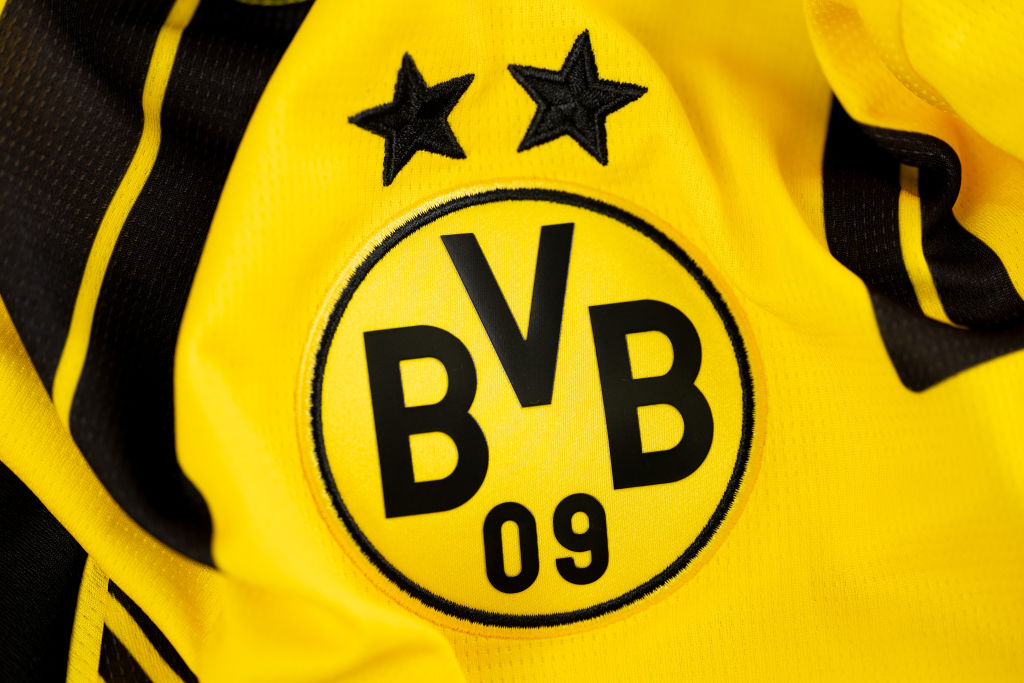 A detailed view of the badge of Borussia Dortmund during the UEFA Champions League 2024/25 League Phase Jerseys Shoot at the UEFA Headquarters, The House of the European Football, on January 16, 2025 in Nyon, Switzerland.